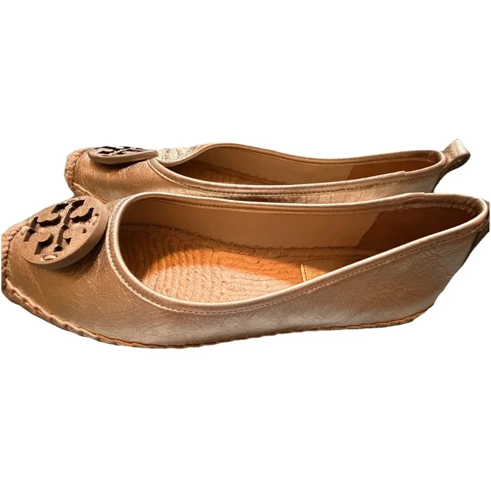 Tory Burch Eleanor Logo Espadrille Leather Flat Metallic Silver US 7.5M